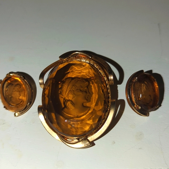 Jewelry - Vintage Topaz Cameo earrings and Brooch